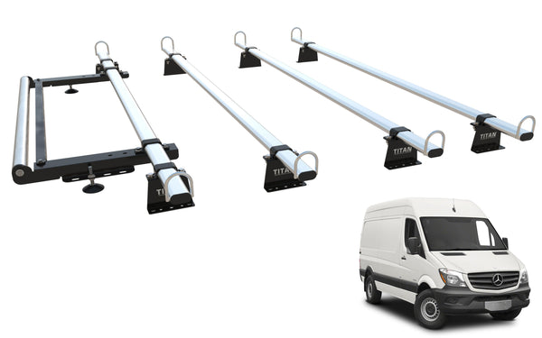 TITAN WorkReady Van Roof Rack 4 Bars - Compatible Fittings to fit a MERCEDES SPRINTER MK2 (2006 onward) - With Rear Roller kit
