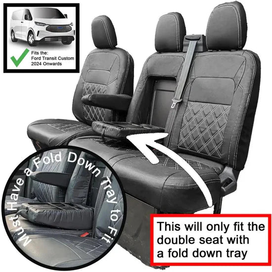 Leather Look Seat Cover for Transit Custom 2023 Onwards (WITH FOLD DOWN TRAY)